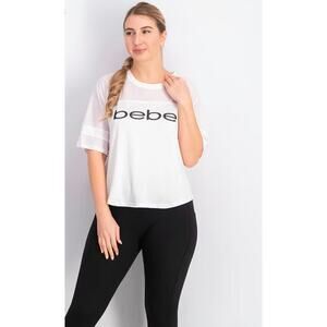 Bebe Sport Crop Top Relaxed Fit Black Shirt Spellout Logo Mesh Panel Size Medium